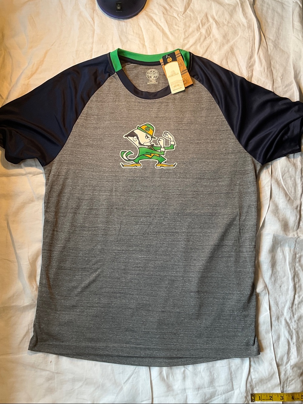 Knights Apparel Grey Heather Raglan Tee with Navy Sleeves - Notre Dame